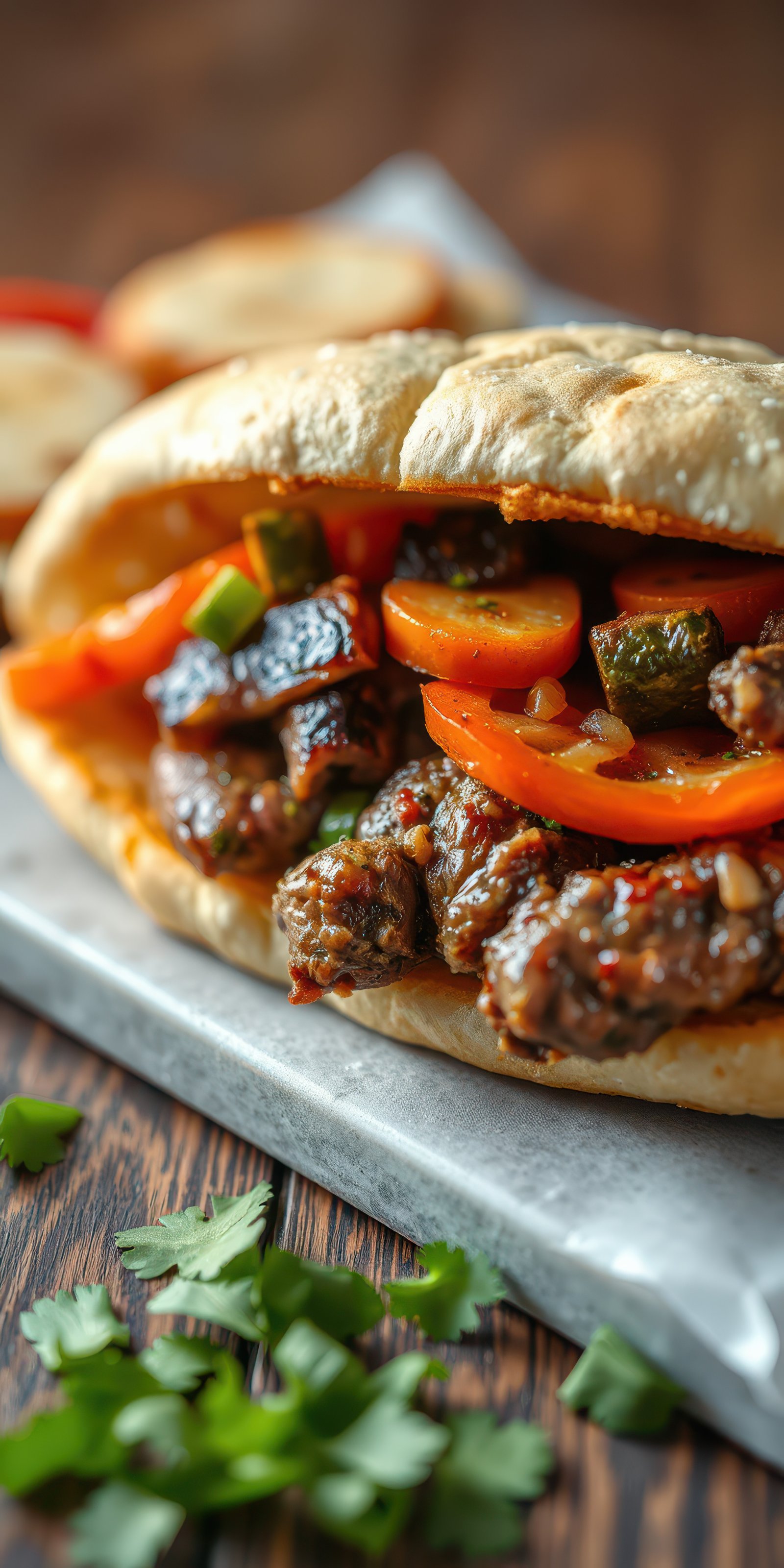 Delicious sandwich filled with grilled meat and fresh vegetables served on a wooden table